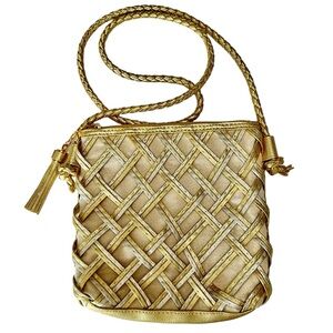 Tianni Vintage Shiny Gold Crossbody with Woven Front and Zipper Closure